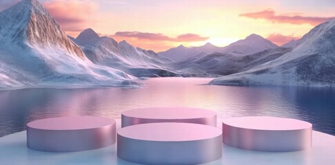 Poster - A serene landscape featuring three podiums against a backdrop of mountains and a tranquil lake.
