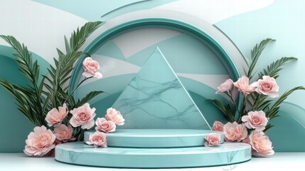 Poster - A modern display featuring geometric shapes, marble textures, and floral accents.
