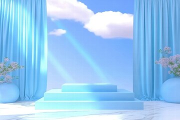 Poster - A serene blue stage with curtains and flowers, ideal for presentations or events.