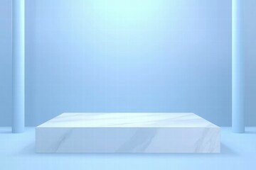 Poster - A minimalist blue backdrop with a marble platform, ideal for product displays or presentations.