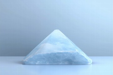 Poster - A translucent blue pyramid-shaped crystal on a smooth surface against a light backdrop.