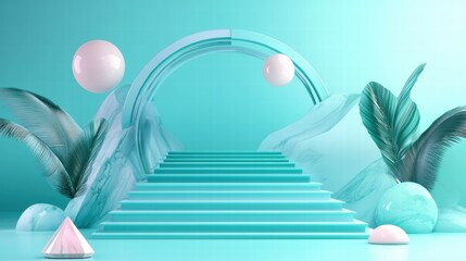 Poster - A modern, stylized scene featuring stairs, geometric shapes, and tropical elements.