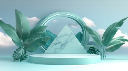 Poster - A serene 3D scene featuring geometric shapes and tropical plants in a pastel color palette.