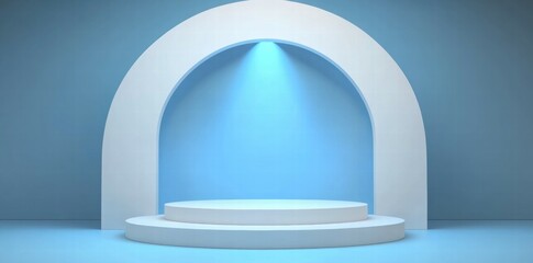 Poster - A minimalist stage design with a blue backdrop and spotlight, ideal for presentations or performances.