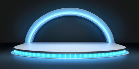 Poster - A modern stage with a glowing blue arch and circular platform, ideal for performances.