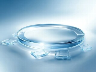 Poster - A clear glass dish surrounded by transparent squares on a soft gradient background.