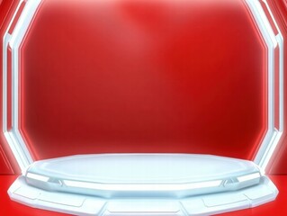 Poster - A futuristic, illuminated stage with a red backdrop, designed for presentations or performances.