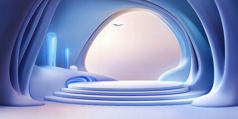 Poster - A futuristic, minimalist space with smooth curves and soft lighting, suggesting tranquility.