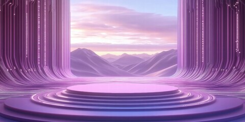 Aufkleber - A futuristic, serene landscape with purple hues and a circular platform against mountainous backdrop.