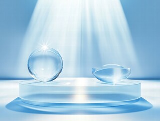 Poster - Two transparent glass shapes illuminated by soft light on a reflective surface.