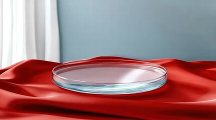 Poster - A clear glass petri dish placed on a red fabric surface against a blue background.