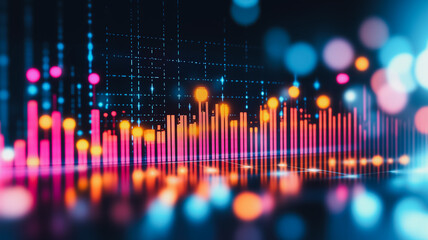 Poster - Digital Symphony: A mesmerizing abstract visualization of data, with glowing bars and bokeh lights dancing in a rhythmic pattern.