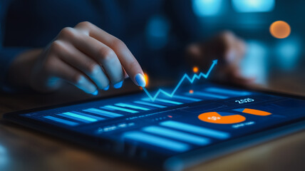 Poster - Data Driven Success: A close-up shot of a woman's hand tracing the upward trajectory of a financial chart on a tablet screen, symbolizing growth and progress in business. The image conveys ambition.