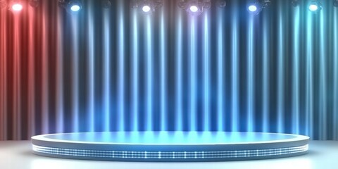 Poster - A brightly lit stage with curtains, designed for performances or presentations.