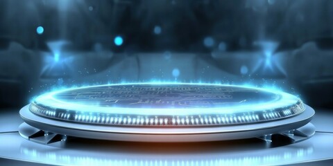 Fototapete - A futuristic circular platform glowing with blue light, suggesting advanced technology or display.