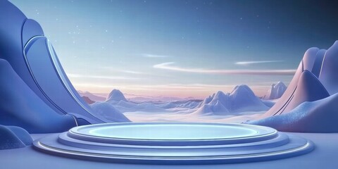 Poster - A serene snowy landscape with a glowing circular platform and distant mountains.