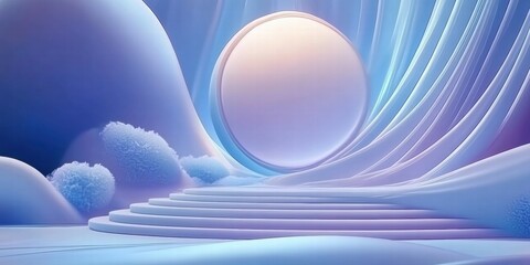 Poster - A serene, abstract landscape featuring soft curves, steps, and a glowing orb.