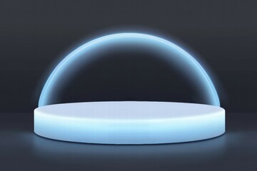 Aufkleber - A minimalistic blue-lit platform with a glowing arc above, suggesting a modern display or stage.