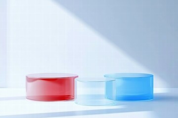 Poster - Three transparent cylindrical objects in red and blue on a minimalist background.