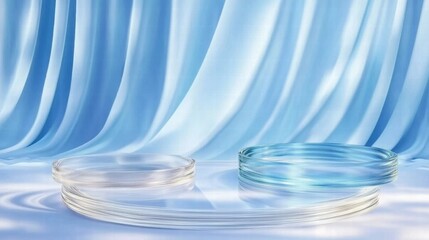 Poster - Soft blue drapery with circular glass platforms, creating a serene and elegant atmosphere.