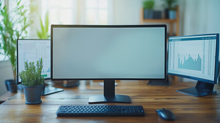 Poster - Modern Workspace: A pristine, minimalist workspace featuring a large monitor with a blank screen, perfect for showcasing your design or product. Flanked by two additional monitors displaying graphs.