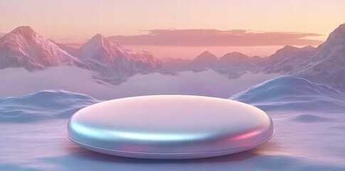 Poster - A smooth, reflective disc rests on a snowy landscape with mountains and clouds in the background.