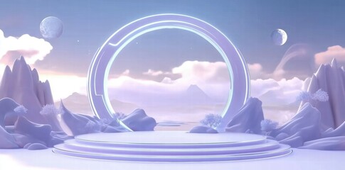 Aufkleber - A serene, futuristic landscape featuring a glowing portal amidst mountains and clouds.