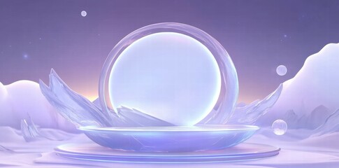 Poster - A serene, ethereal scene featuring a translucent orb on a reflective surface amidst icy formations.