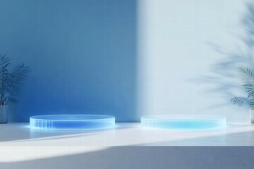 Poster - Two illuminated circular platforms against a blue wall with plants, ideal for display purposes.
