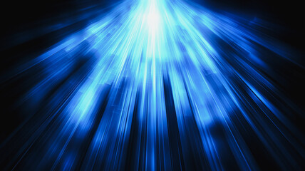 Poster - Celestial Blue Rays: Abstract light beams, radiating outwards from a central point, creating a mesmerizing visual of radiant blue light against a deep black background. Perfect for concepts of energy.