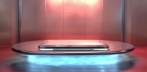 Poster - A sleek device displayed on a futuristic platform in a high-tech environment.