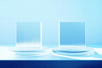 Poster - Two clear glass blocks on circular bases against a soft blue background.
