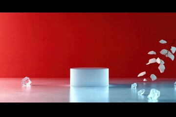 Poster - A minimalist scene featuring a circular pedestal against a red background with scattered elements.