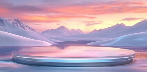Poster - A serene snowy landscape with a reflective platform under a colorful sky at dawn.