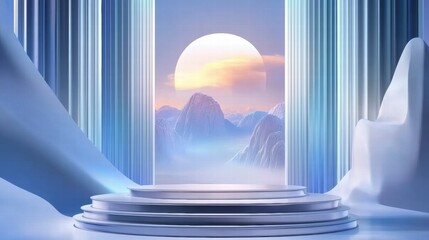 Poster - A serene, ethereal landscape with a circular opening revealing mountains and a large sun.