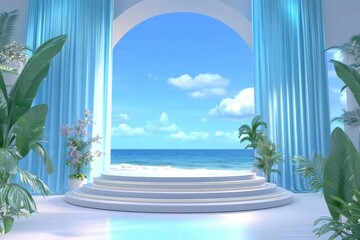 Aufkleber - a serene indoor setting with a view of the ocean, featuring elegant curtains and plants.