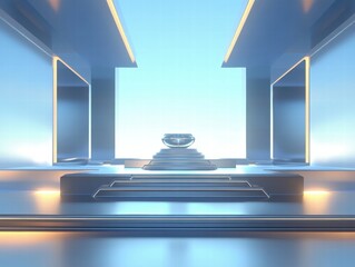 Poster - A futuristic, minimalist space featuring a central bowl on a tiered platform with soft lighting.