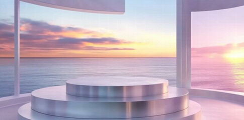 Poster - A serene coastal scene with a modern platform overlooking the ocean at sunset.