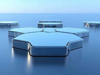 Poster - A futuristic hexagonal structure floating on water, reflecting light in a serene environment.