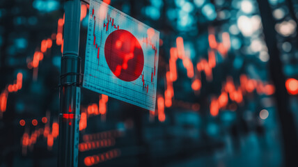 Poster - Japanese Flag with Blurred Stock Market Data 