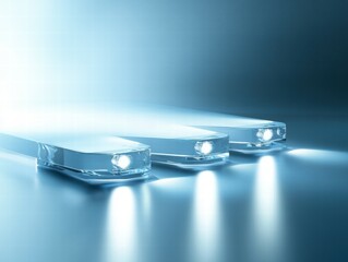 Aufkleber - Three clear devices emitting light in a soft, blue-toned environment.