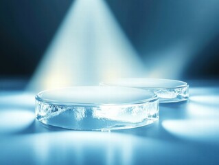 Aufkleber - Two translucent circular objects illuminated by beams of light against a soft blue background.