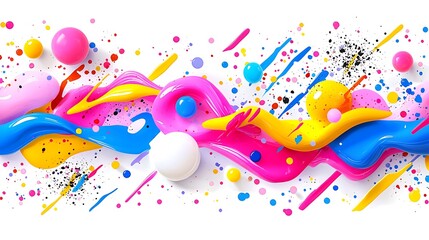 Poster - Abstract colorful paint splashes, swirls, and spheres on white background.
