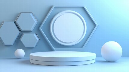 Poster - A minimalist 3D display with geometric shapes in a soft blue environment.