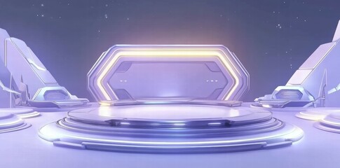 Poster - A futuristic, minimalistic stage design with glowing accents and smooth surfaces.