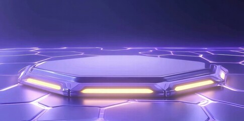 Aufkleber - A futuristic hexagonal platform with glowing edges, set against a dark, high-tech background.