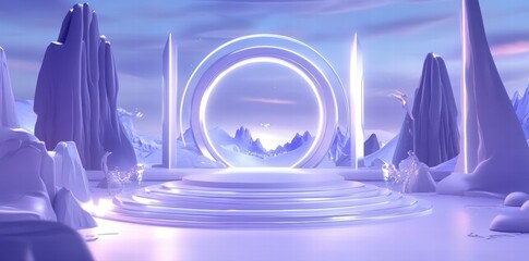 Poster - A serene, futuristic landscape featuring a glowing portal and icy surroundings.