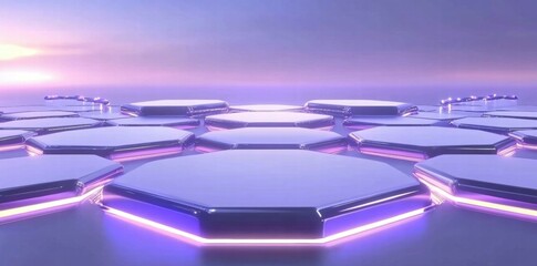 Poster - A futuristic landscape featuring hexagonal platforms with glowing edges against a serene backdrop.
