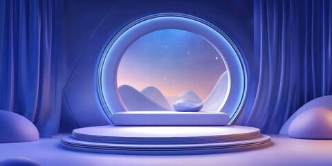 Leinwandbilder - A serene, futuristic stage with soft lighting and a scenic backdrop.