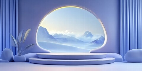 Poster - A serene stage with a mountain view backdrop, designed for presentations or events.
